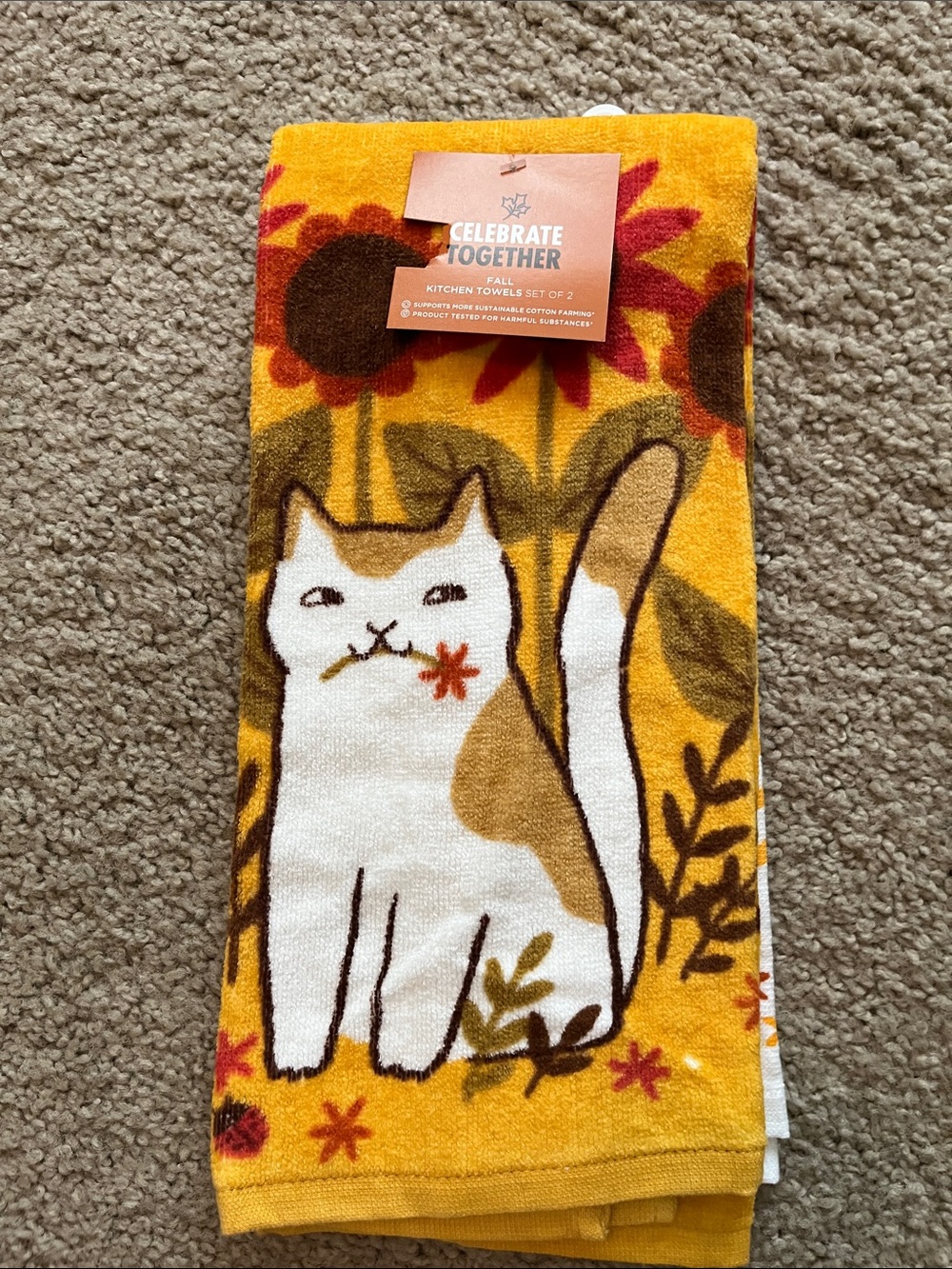 Gold Cat/Sunflower Print Kitchen Towel - Set of 2